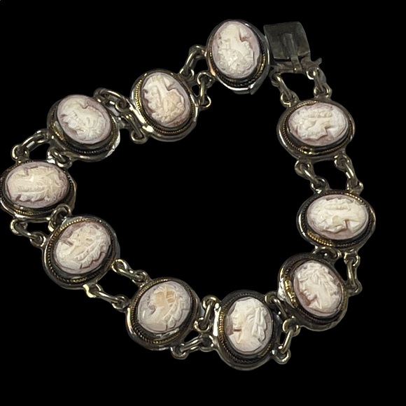 Vintage 800 Silver shell Cameo link bracelet appx 1930s - Picture 4 of 10